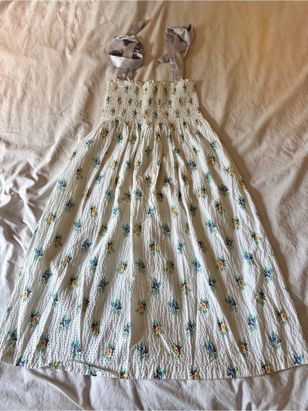 White Floral Smocked Sundress with Tie Straps